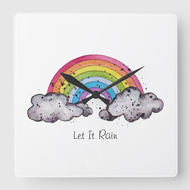 Cute Watercolor Rainbow And Clouds Square Wall Clock (Front)