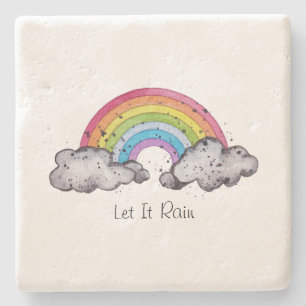 Cute Watercolor Rainbow And Clouds Stone Coaster