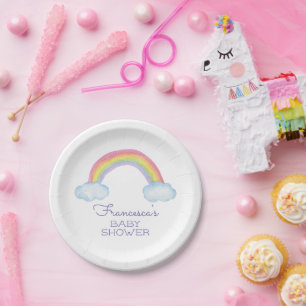 Cute Watercolor Rainbow Baby Shower Paper Plate