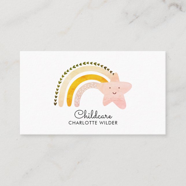 Cute Watercolor Rainbow Childcare Business Card (Front)