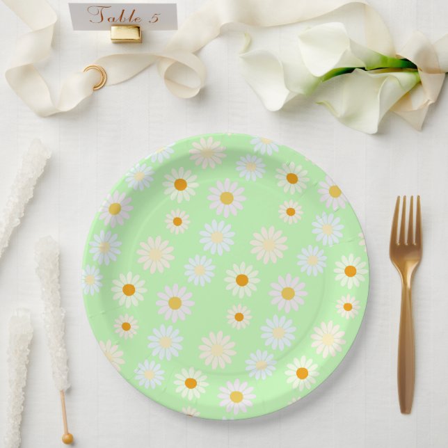 Cute watercolor Rainbow colour Daisy Pattern Green Paper Plate (Wedding)