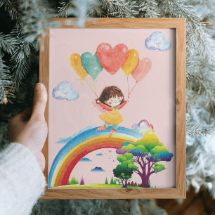 Cute Watercolor Rainbow Girl Kids Room Nursery Poster