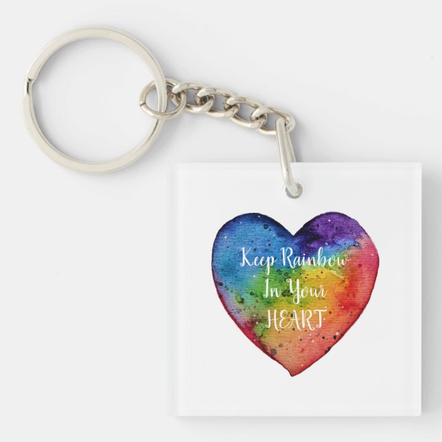 Cute Watercolor Rainbow Heart Key Ring (Front)