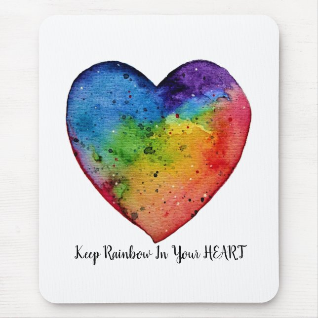 Cute Watercolor Rainbow Heart Mouse Mat (Front)