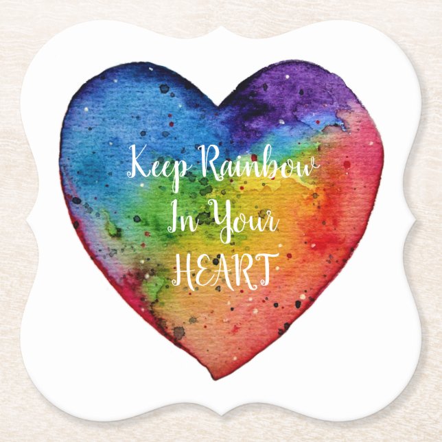 Cute Watercolor Rainbow Heart Paper Coaster (Front)
