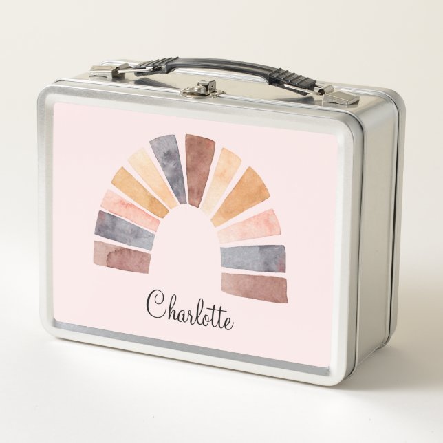 Cute Watercolor Rainbow Personalised Kid's Metal Lunch Box (Front)