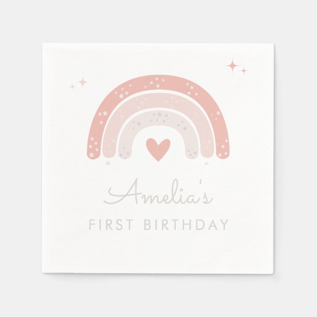 Cute Watercolor Rainbow Pink Girl Birthday Napkin (Front)