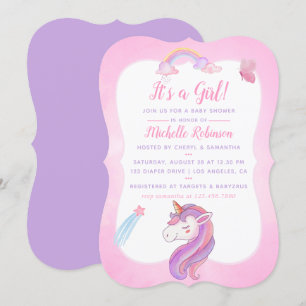 Cute Watercolor Rainbow Unicorn Baby Girl Shower Invitation