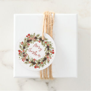 Cute Watercolor Red Berries Wreath Merry Christmas Favour Tags