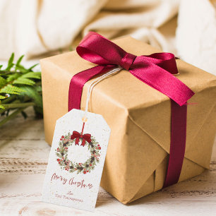 Cute Watercolor Red Berries Wreath Merry Christmas Gift Tags