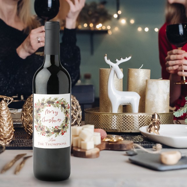 Cute Watercolor Red Berries Wreath Merry Christmas Wine Label (Cute Watercolor Red Berries Wreath Merry Christmas Wine Label)
