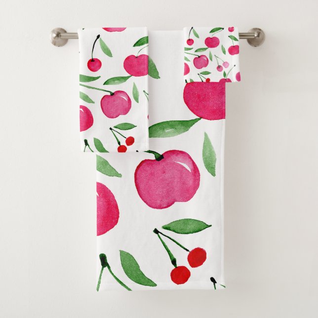 Cute watercolor red cherries pattern bath towel set (Insitu)