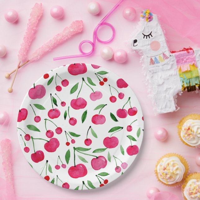 Cute watercolor red cherries pattern paper plate (Party)