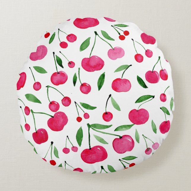 Cute watercolor red cherries pattern round cushion (Front)