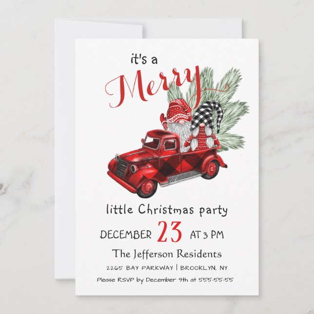 Cute Watercolor Red Gnomes Little Christmas Party Invitation (Front)