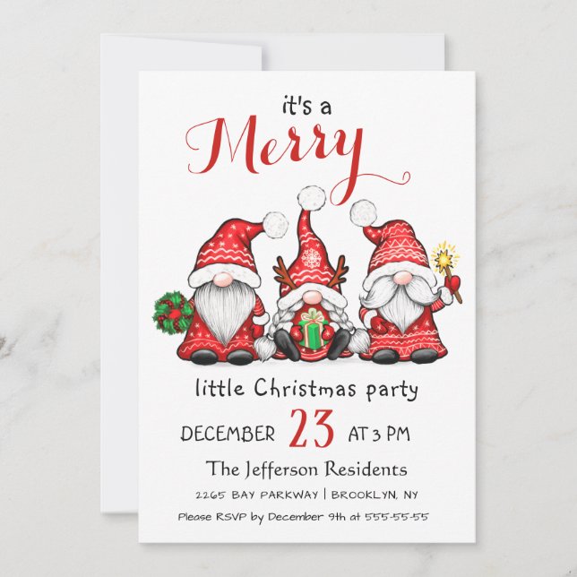 Cute Watercolor Red Gnomes Little Christmas Party Invitation (Front)