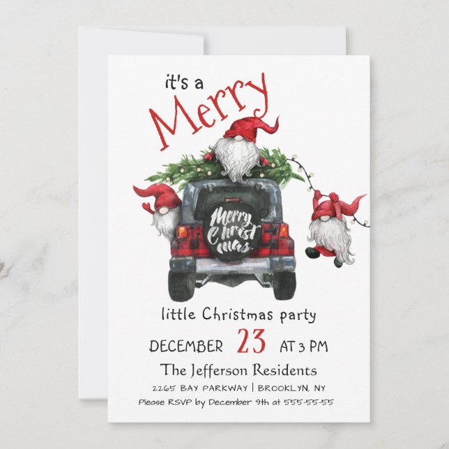 Cute Watercolor Red Gnomes Little Christmas Party Invitation (Front)