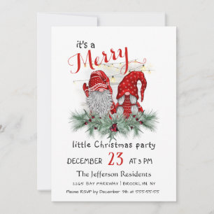 Cute Watercolor Red Gnomes Little Christmas Party Invitation