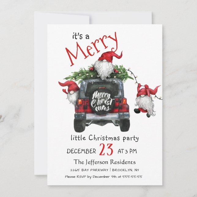 Cute Watercolor Red Gnomes Little Christmas Party Invitation (Front)