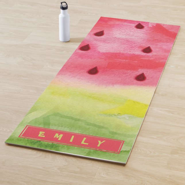 Cute Watercolor Red Green Watermelon Name Yoga Mat (In Situ)