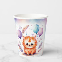 Cute Watercolor Red Kitten Balloons Birthday