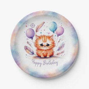 Cute Watercolor Red Kitten Balloons Birthday Paper Plate