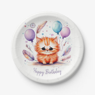 Cute Watercolor Red Kitten Balloons Birthday Paper Plate