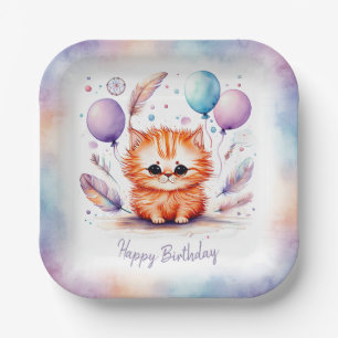 Cute Watercolor Red Kitten Balloons Birthday Paper Plate
