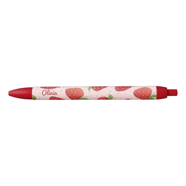 Cute Watercolor Red Strawberries Script Name  Black Ink Pen (Front)