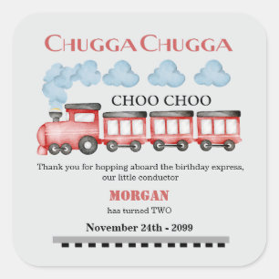 Cute Watercolor Red Train 2nd Birthday Square Sticker