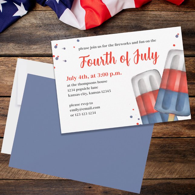 Cute Watercolor Red White Blue Fourth of July Invitation (Fourth of July Red, White, and Blue summer party invitation postcard. )
