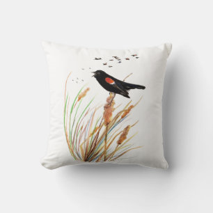 Cute Watercolor Red-Winged Blackbird Animal Nature Cushion