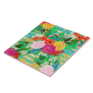 Cute Watercolor Red & Yellow Floral Biscay Green Tile