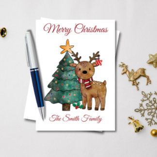 Cute Watercolor Reindeer Christmas  Card