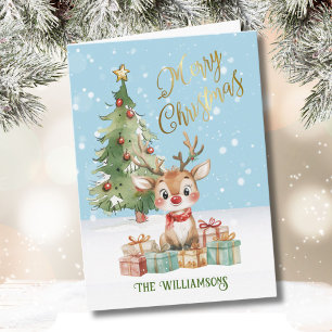 Cute Watercolor Reindeer Christmas Tree  Card