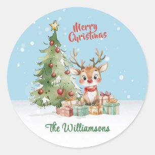 Cute Watercolor Reindeer Christmas Tree Card Classic Round Sticker
