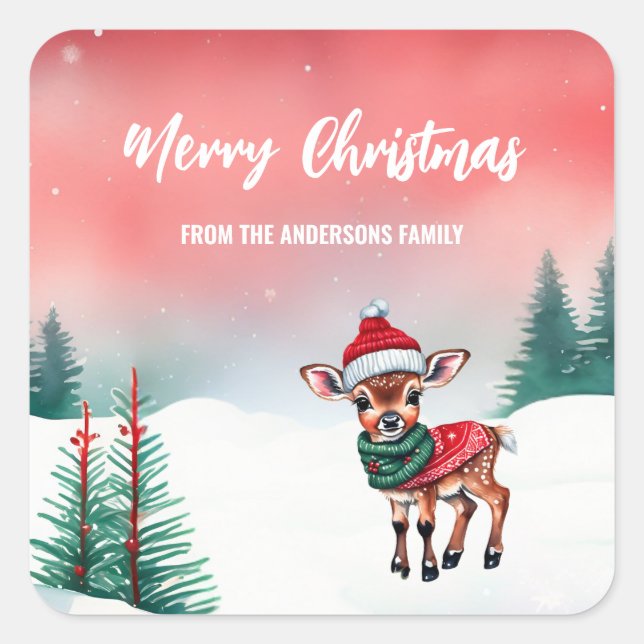 Cute watercolor reindeer Santa Christmas party kid Square Sticker (Front)