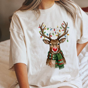 Cute Watercolor Reindeer With Christmas Lights Tri-Blend Shirt