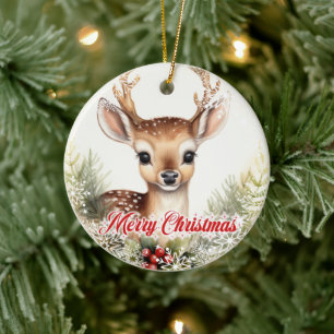 Cute watercolor reindeer with holly berries ceramic tree decoration