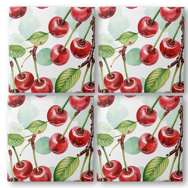 Cute Watercolor Retro Cherries Pattern Tile (Creator Uploaded)