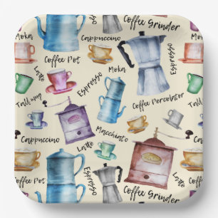 Cute Watercolor retro coffee makers cups pattern  Paper Plate