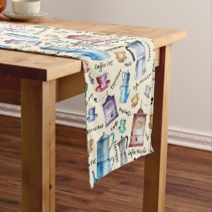Cute Watercolor retro coffee makers cups pattern Short Table Runner