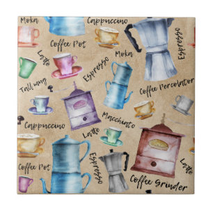 Cute Watercolor retro coffee makers cups pattern Tile