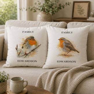Cute watercolor robin bird monogrammed family cushion