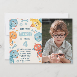 Cute Watercolor Robot Kids Birthday Invitation