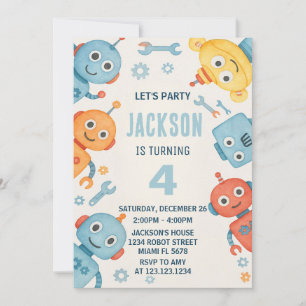 Cute Watercolor Robot Kids Birthday Invitation