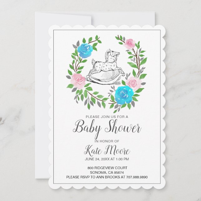 Cute Watercolor Rocking Horse Baby Shower Invitation (Front)