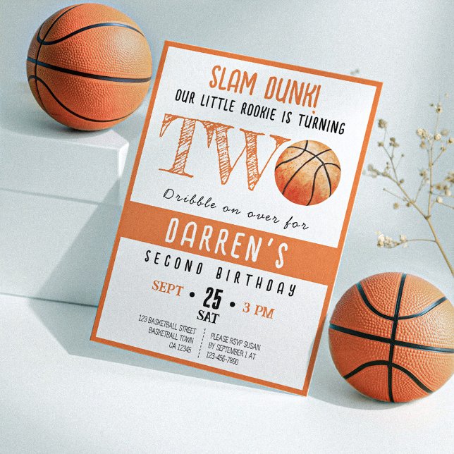 Cute Watercolor Rookie Basketball 2nd Birthday Invitation (Creator Uploaded)