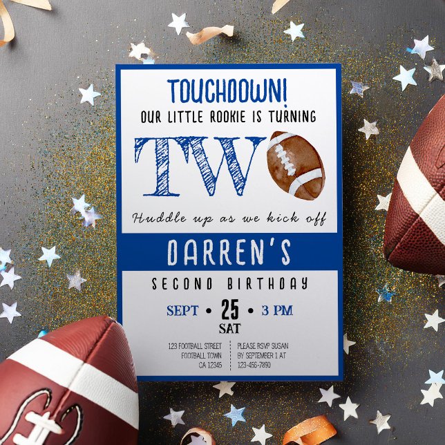 Cute Watercolor Rookie Football Boy 2nd Birthday Invitation (Creator Uploaded)