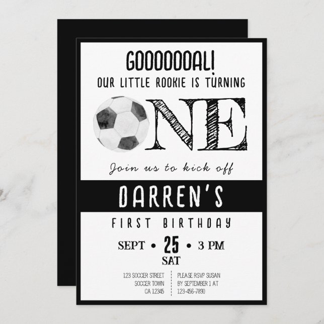 Cute Watercolor Rookie Soccer Black 1st Birthday Invitation (Front/Back)